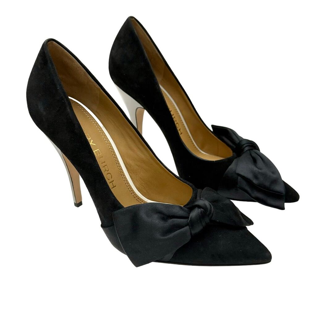 Tory Burch Bow Suede Pointed-Toe Pumps Black/White Shoes Heels 9M